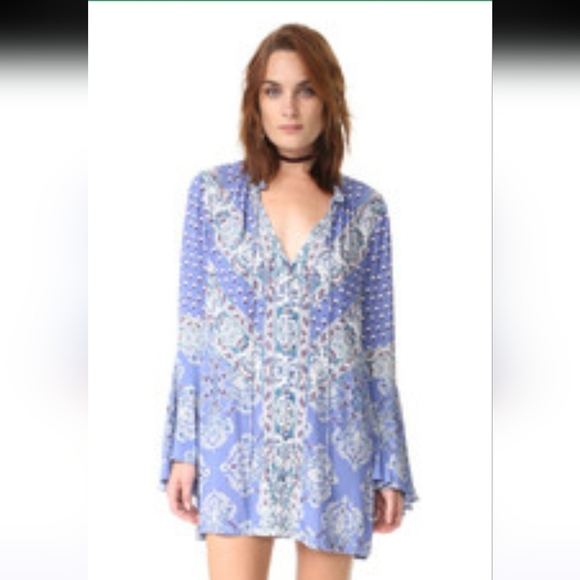 Free People Magic Mystery Tunic Small Sky Blue Boho Mini Dress Paisley SMALL - Picture 4 of 14